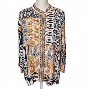 LOVE KYLA Caite Gold Black Neutrals Tribal Print V-Neck Blouse Top Size XL NEW
